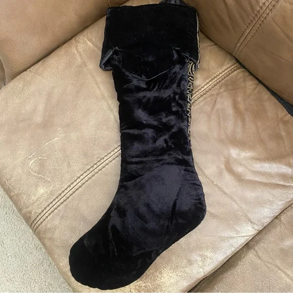 Luxury Embroidered Rhinestone Embellished Velvet Christmas Stocking Black Gold - Picture 4 of 7